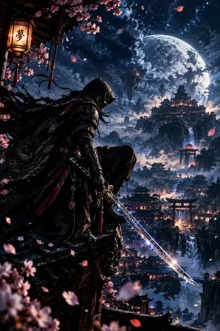 Пример промпта для фэнтези-изображения ассасина на крыше храма с катаной и городом среди парящих гор.