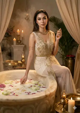 Пример промта для журнального портрета Cleopatra в царской купальне.