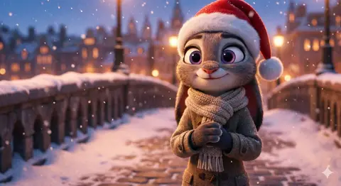 Описание промпта для зимней кинематографичной сцены с Джуди Хопс из Zootopia.