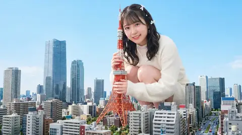 Гигант присел над Токио и мягко обнимает башню Tokyo Tower.