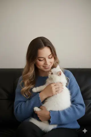 Промпт для портрета женщины, которая обнимает белую персидскую кошку.