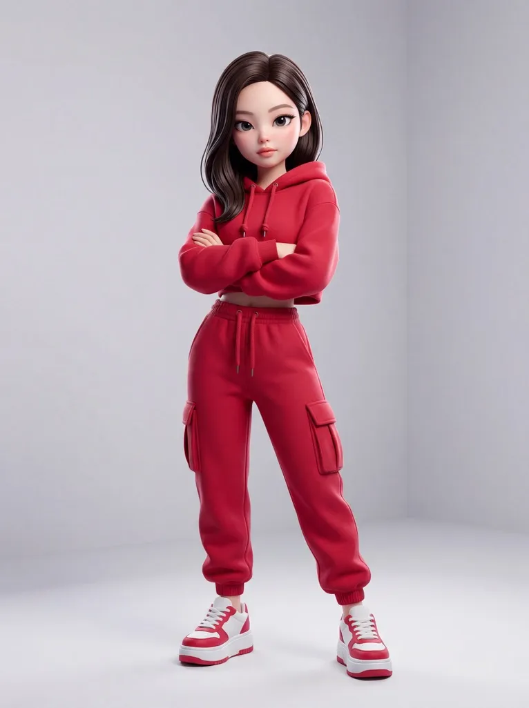 Промпт для 3D-персонажа Rosé в лавандовой одежде на сером фоне. · пример 3