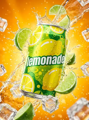 Банка лимонада LEMONADE окружена каплями воды и ломтиками лайма на оранжевом фоне.