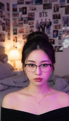 Пример промпта для крупного портрета в комнате поклонницы K-pop с фиолетовым светом и постерами.