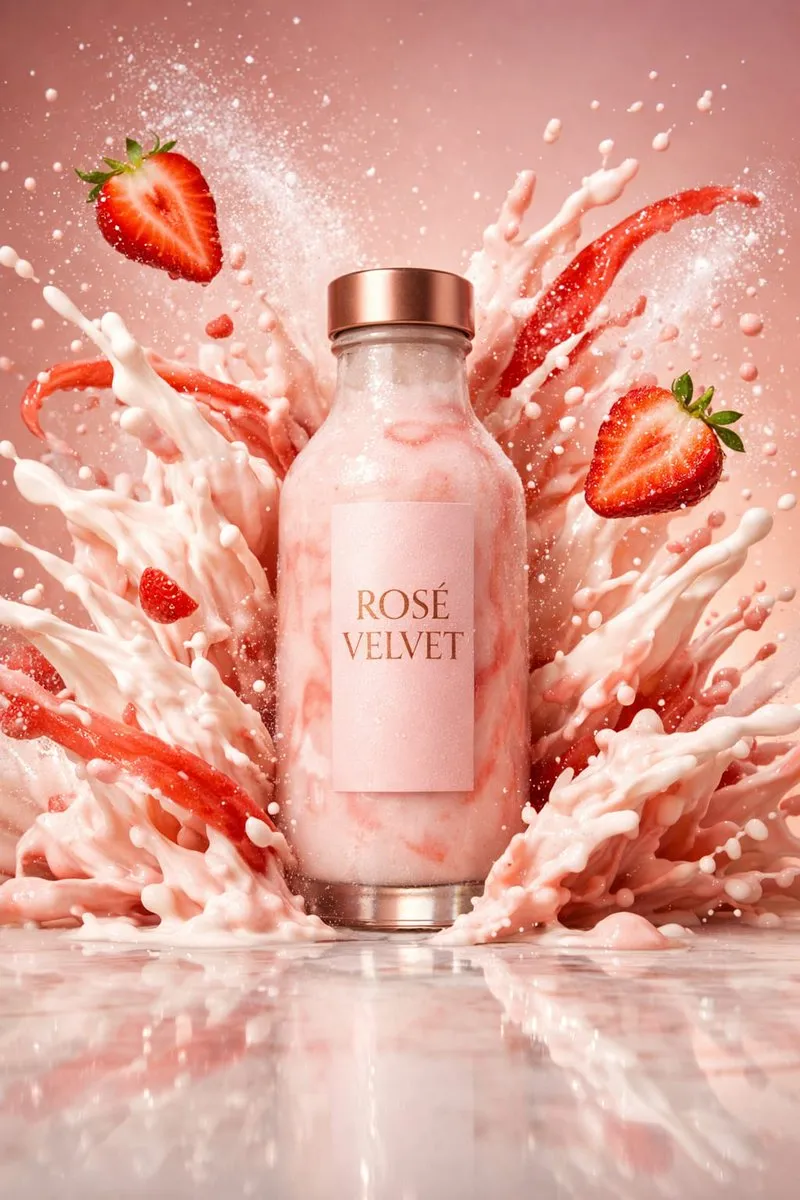 Промпт описывает бутылку ROSÉ VELVET среди клубничного пюре, ягод и сливочных брызг на розовом фоне. · пример 1