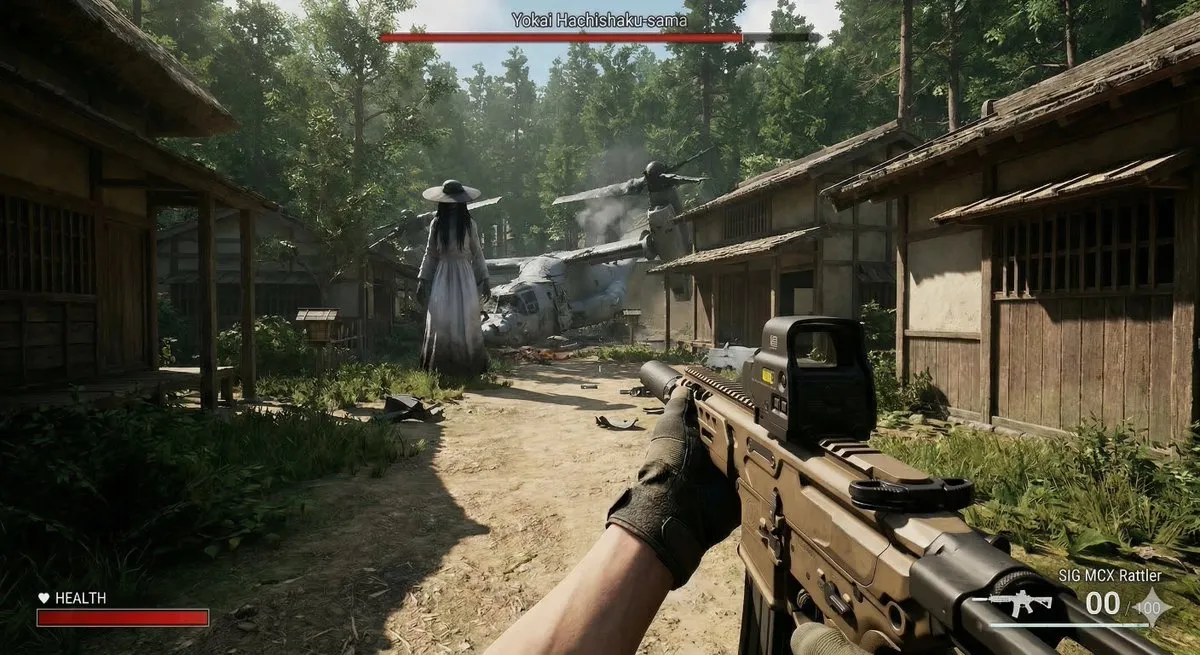 Человек сталкивается с ёкаем Haxtusyaku-sama в игровом FPS-стиле.