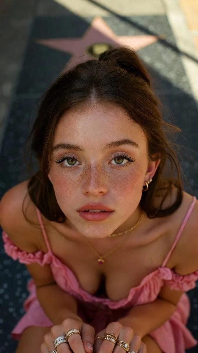Промпт для портрета Sydney Sweeney на бетоне Аллеи славы. · пример 2