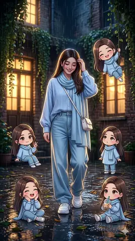 Промпт описывает девушку в ночном дворике и несколько миниатюрных Chibi-версий, взаимодействующих с лианами и друг с другом.