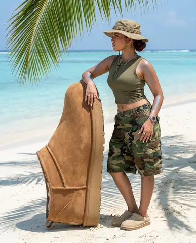 Промпт для тропического пляжа с гигантским клогом UGG и женщиной.
