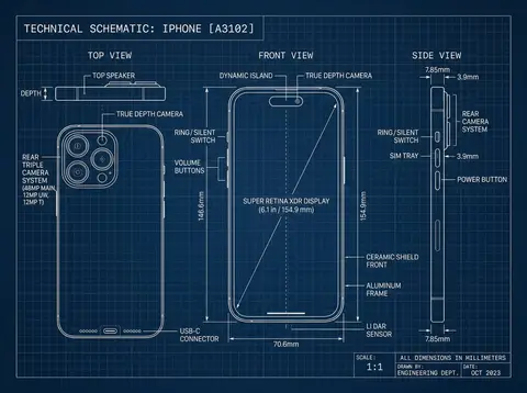 Технический чертёж iPhone с видами спереди, сбоку и сверху на синем фоне.