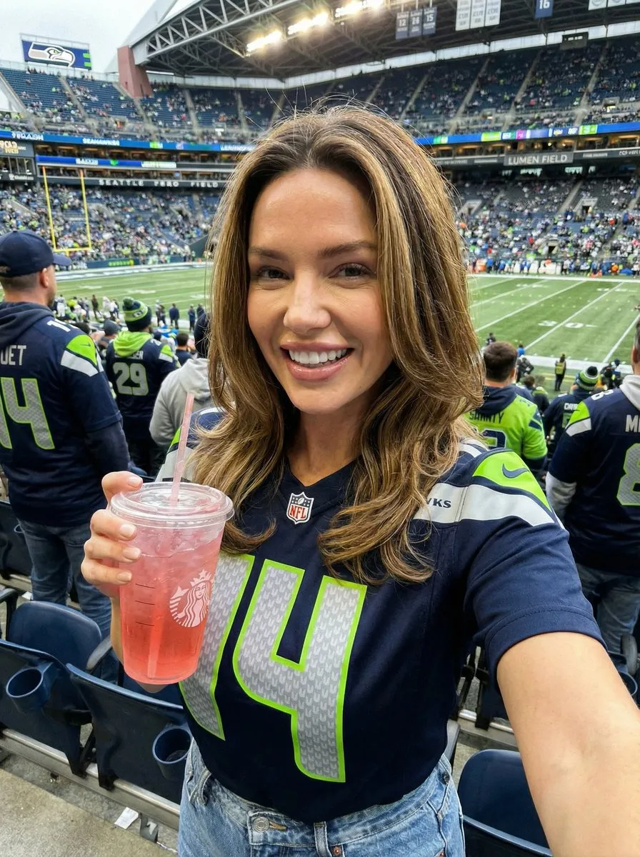 Промпт задаёт сцену матча Seahawks с розовым напитком и шумной толпой. · пример 3