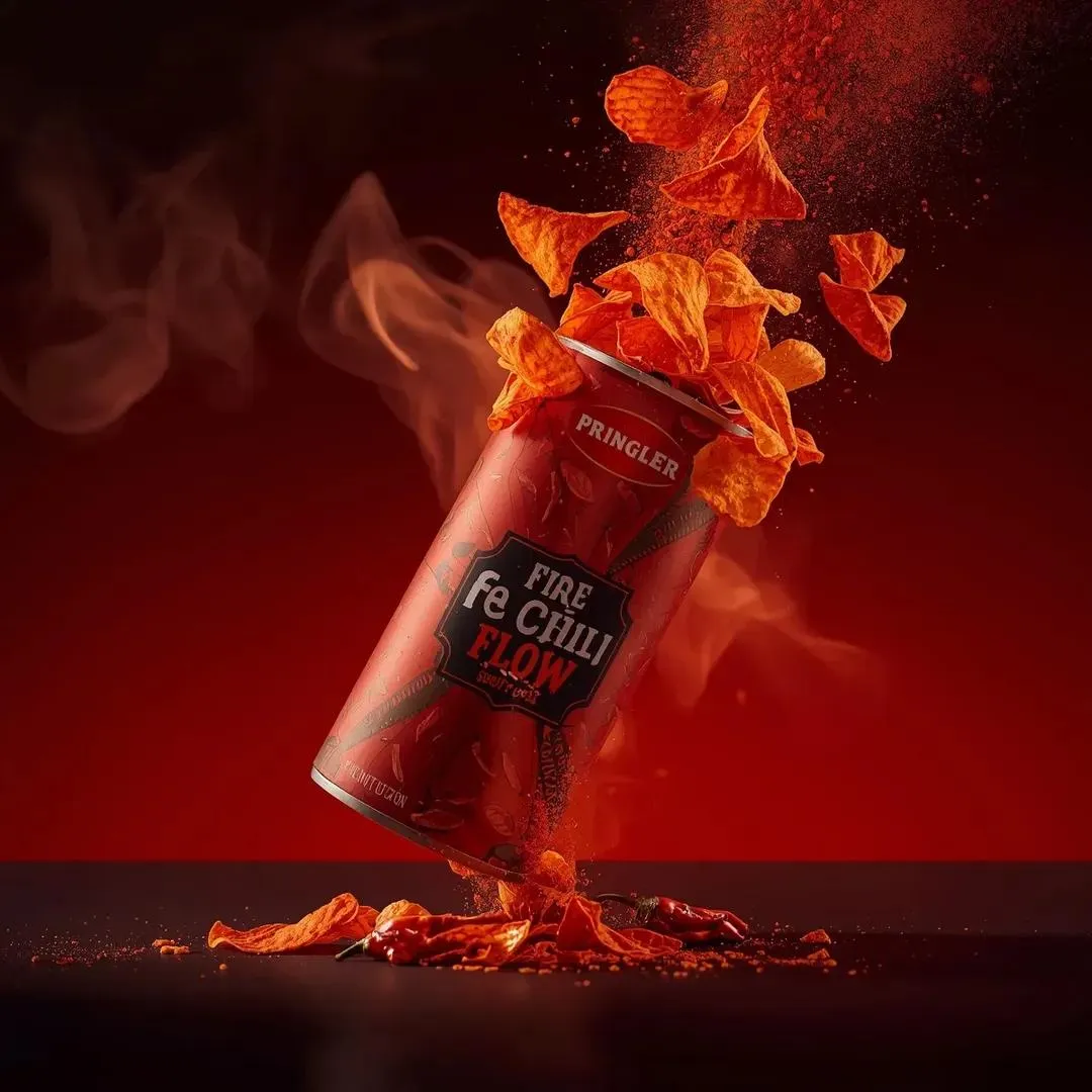 Банка Pringler Fire Chili Flow наклонена в воздухе, из неё вылетают чипсы и частицы специй. · пример 2