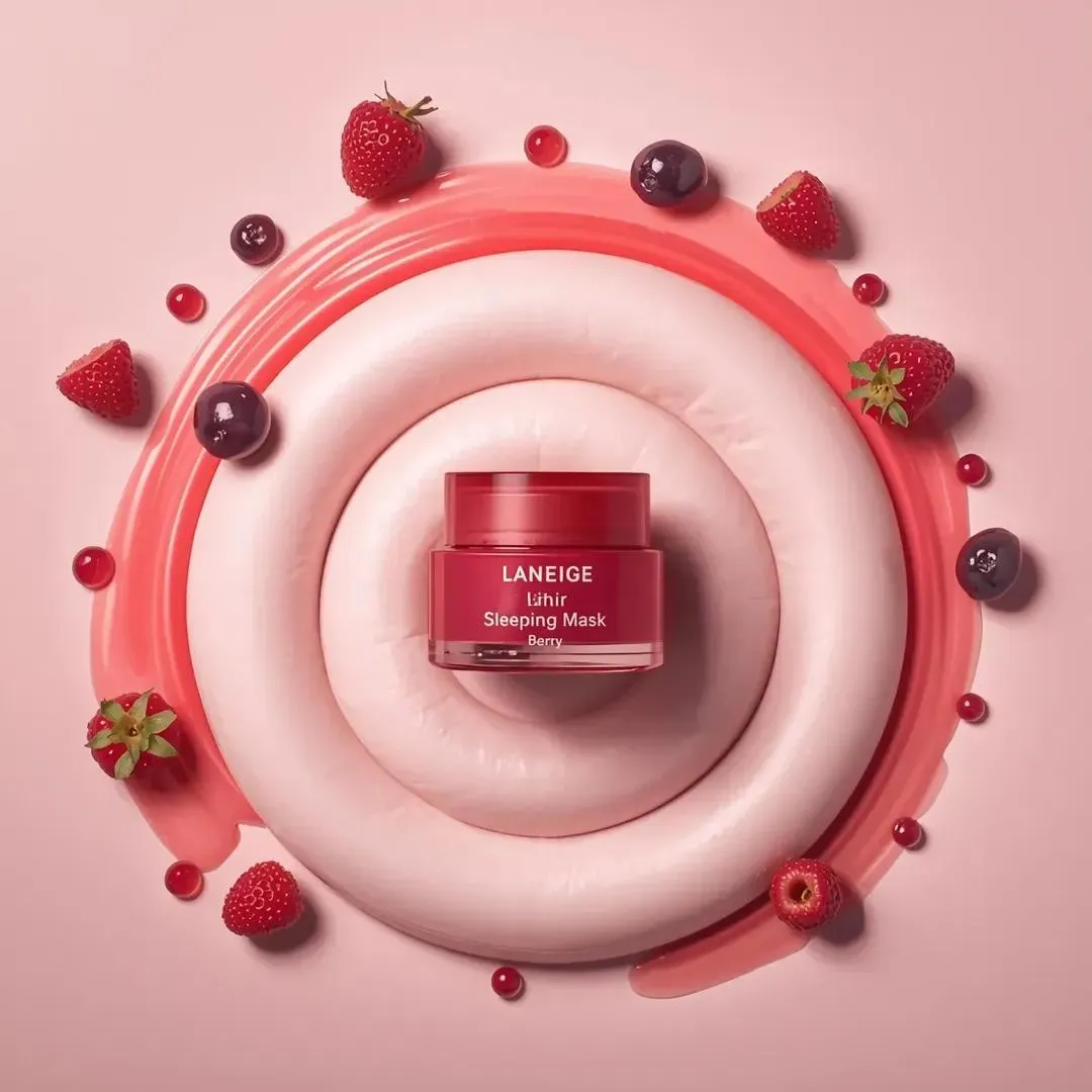 Промпт описывает баночку LANEIGE на белых взбитых сливках с красным ягодным сиропом и свежими ягодами. · пример 3