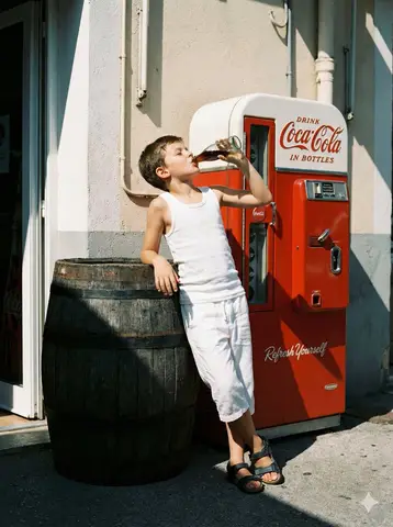 Промпт для винтажного портрета мальчика у красного автомата Coca-Cola.