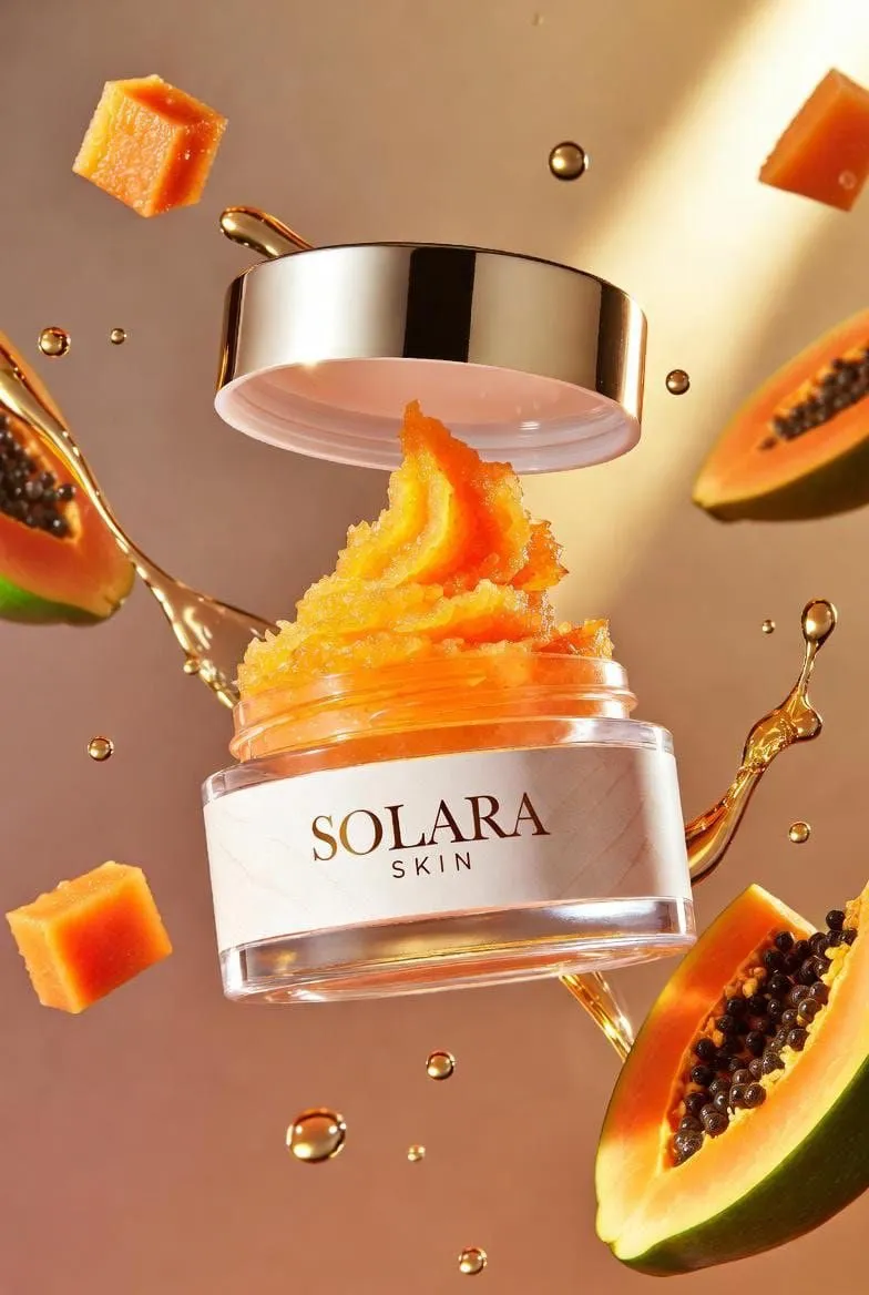 Прозрачная банка SOLARA SKIN парит над оранжевым скрабом, кусочками папайи и золотистыми каплями. · пример 2