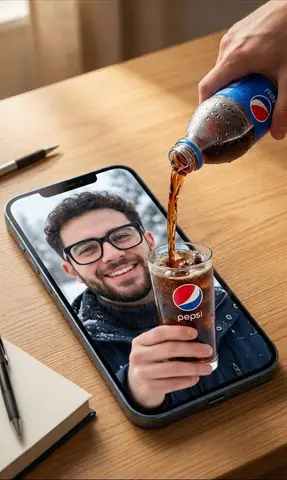 Рука льёт Pepsi к экрану смартфона, а жидкость попадает в стакан мужчины внутри кадра.