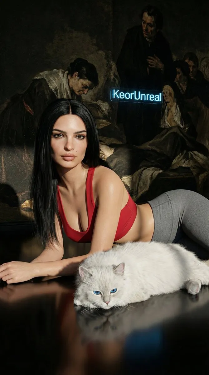 Пример промпта для портрета женщины на красном полу рядом с котом · пример 1