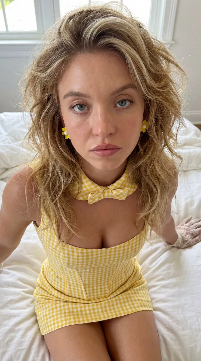 Иллюстрация к промпту для портрета Sydney Sweeney в клетчатом платье. · пример 1