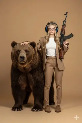 Женщина в бежевом костюме стоит рядом с медведем гризли в студии.