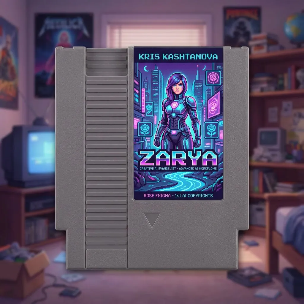 Крупный план картриджа NES с названием игры и именем на этикетке; на фоне размыта подростковая комната.
