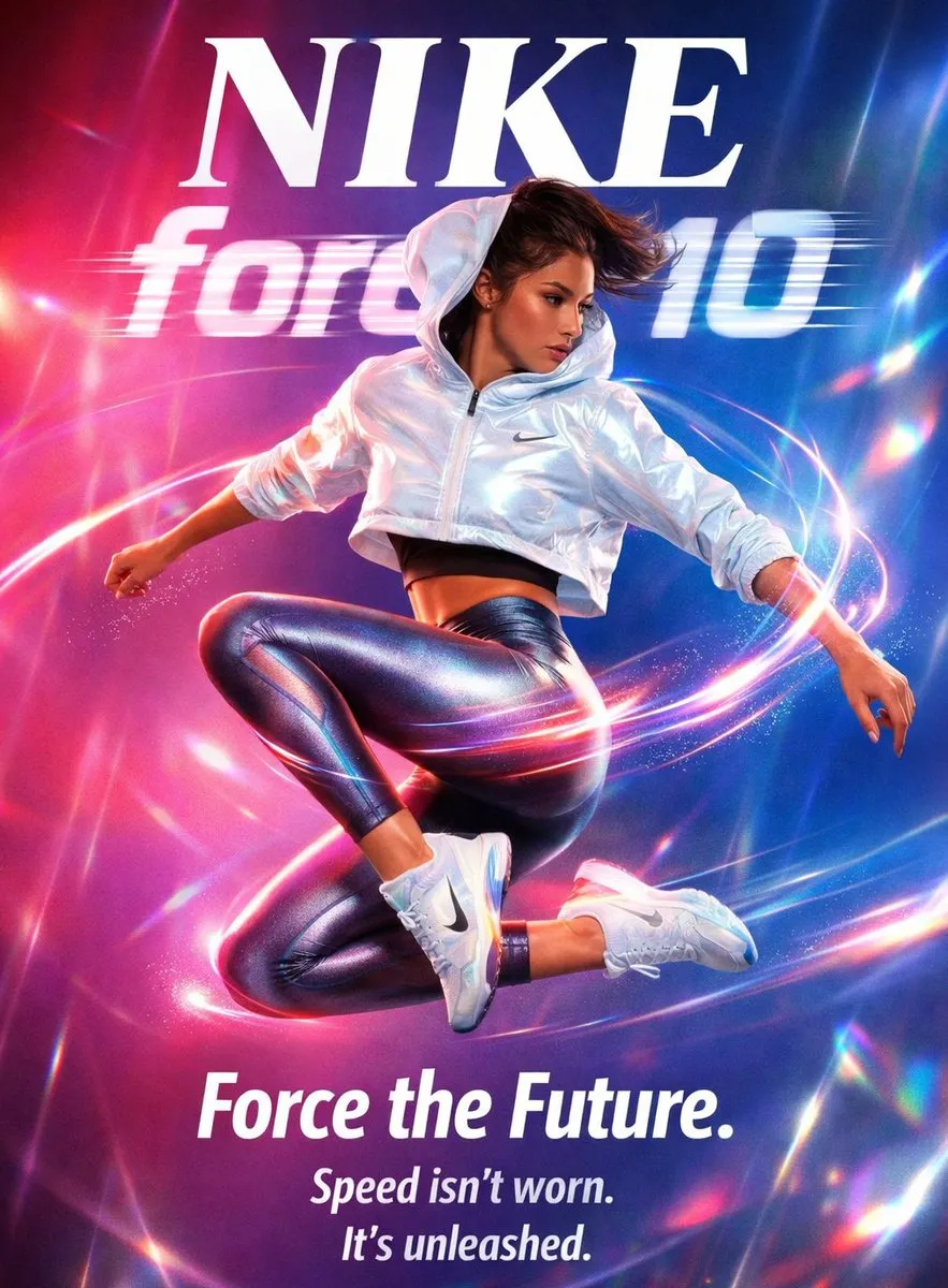 Пример модной рекламы Nike с моделью в прыжке и световыми следами. · пример 2