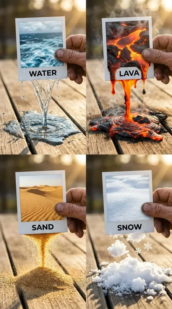 Сетка 2x2 с водой, лавой, песком и снегом, выливающимися из рамок фотографий на дерево.
