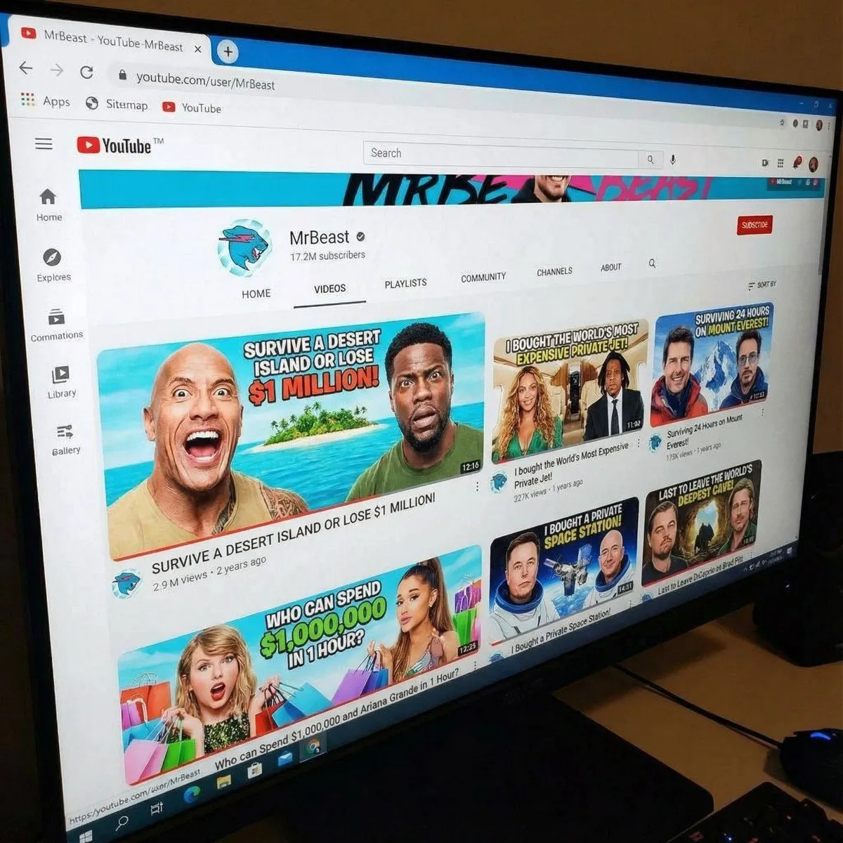 Макет страницы канала YouTube в оформлении MrBeast с заменёнными тематическими обложками видео. · пример 3