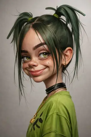 Промпт для 3D-портрета Billie Eilish с тёмно-зелёными волосами и аксессуарами.