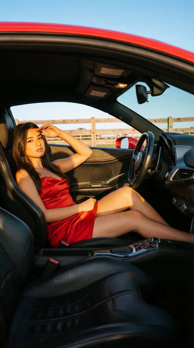 Женщина в красном атласном платье отдыхает в салоне Ferrari при тёплом солнечном свете. · пример 2