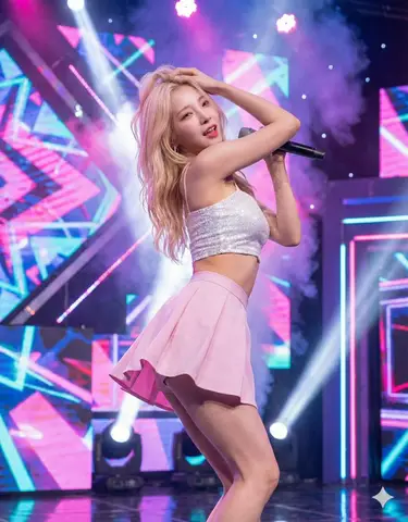 Пример источника для промпта сценического портрета молодой поп-исполнительницы.