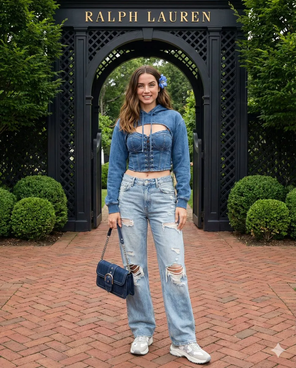 Промпт для портрета в джинсовом образе у чёрной арки с надписью RALPH LAUREN. · пример 2