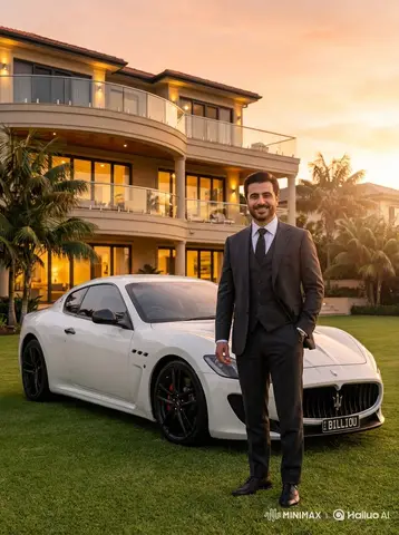 Пример промта для роскошного портрета мужчины с автомобилем Maserati.