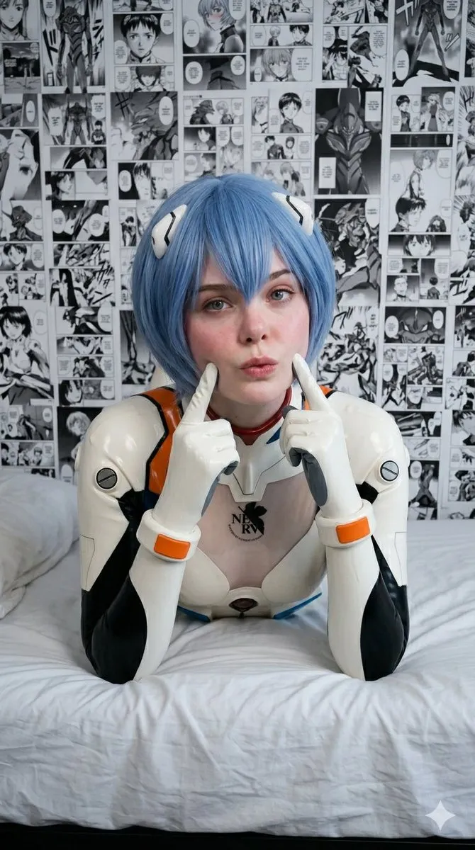 Пример портрета в косплее Rei Ayanami с манга-панелями на стене. · пример 3