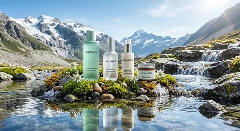 Промпт для предметной съёмки косметики AQUAVÉR среди эдельвейсов у альпийского ручья.