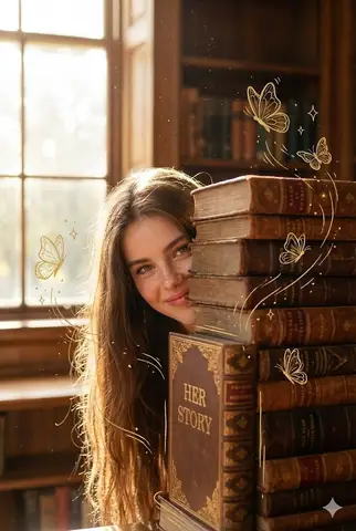 Женщина выглядывает из-за высокой стопки книг в солнечной библиотеке.