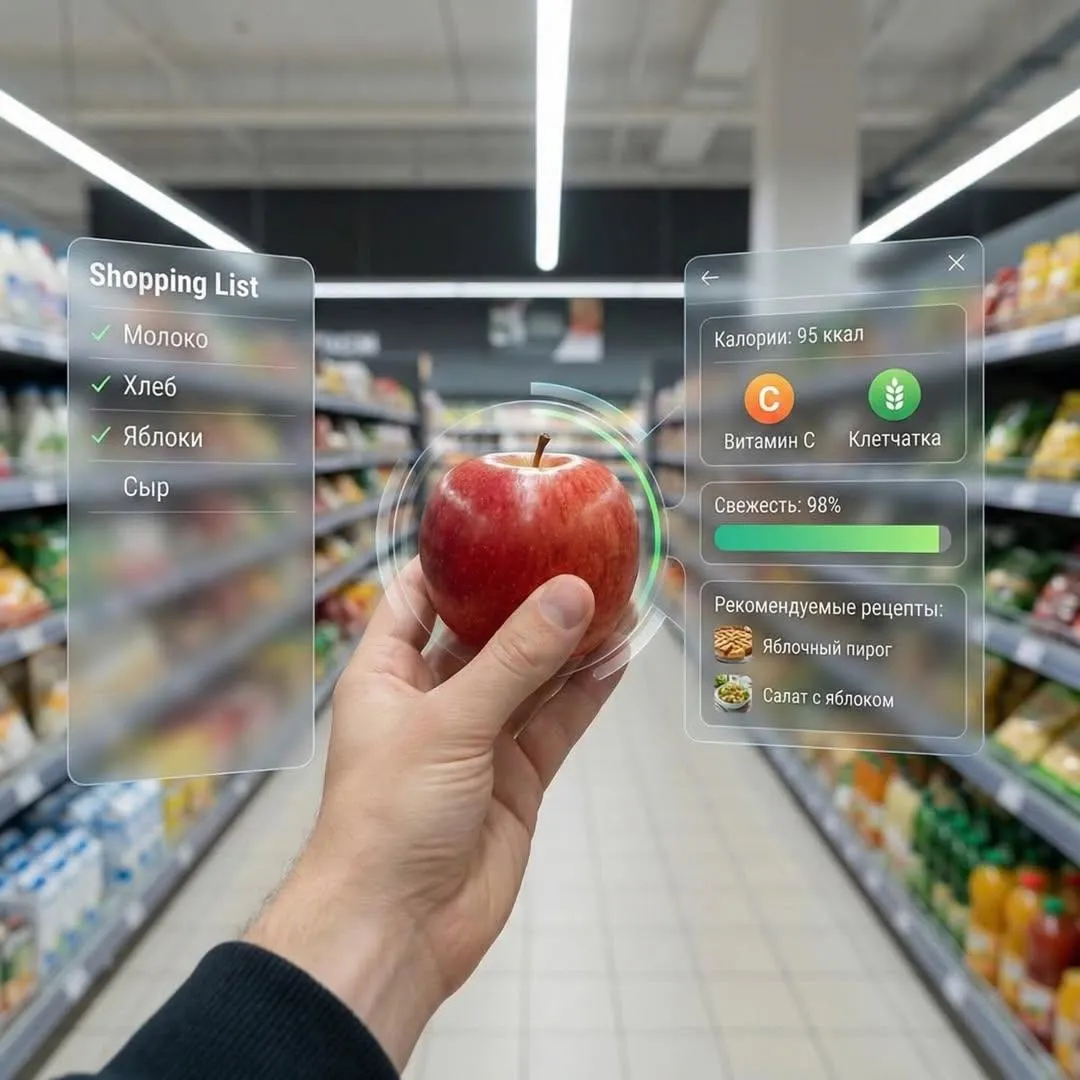 Бутылка Fanta в супермаркете окружена голографическим AR-интерфейсом. · пример 2