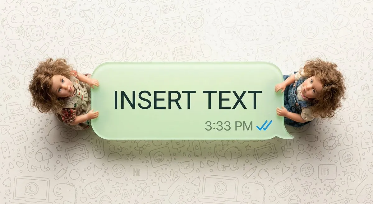 Две миниатюрные девушки сидят на светло-зелёном пузыре WhatsApp, используемом как стол · пример 4