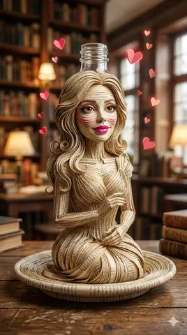 Фигура из сложенных страниц книги стоит на бумажном блюдце среди красных сердечек.