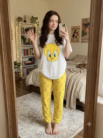 Пример промпта для селфи в зеркале в домашней одежде с принтами Tweety Bird.