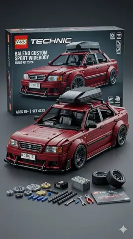 Пример промпта для рекламного рендера модели автомобиля LEGO Technic с коробкой и деталями.