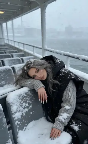 Промпт для портрета женщины, сидящей на заснеженной палубе парома.