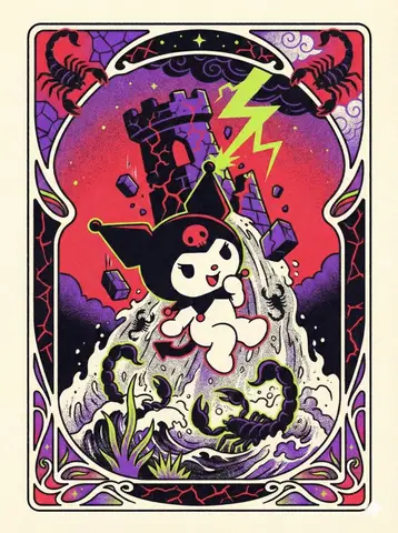 Карта Таро с персонажем Sanrio, декоративной рамкой и фактурой ризографической печати.