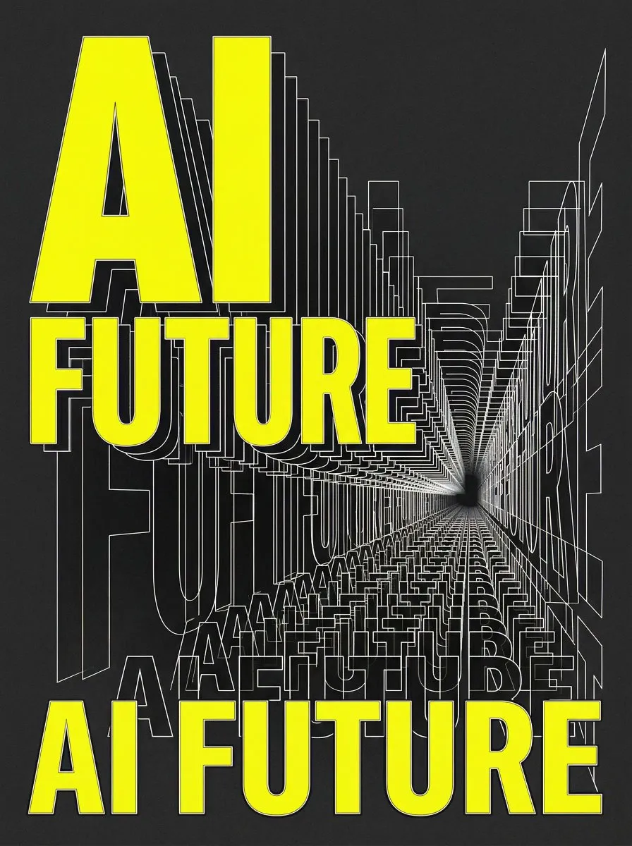Промпт для графического постера с крупной перспективной надписью AI FUTURE.