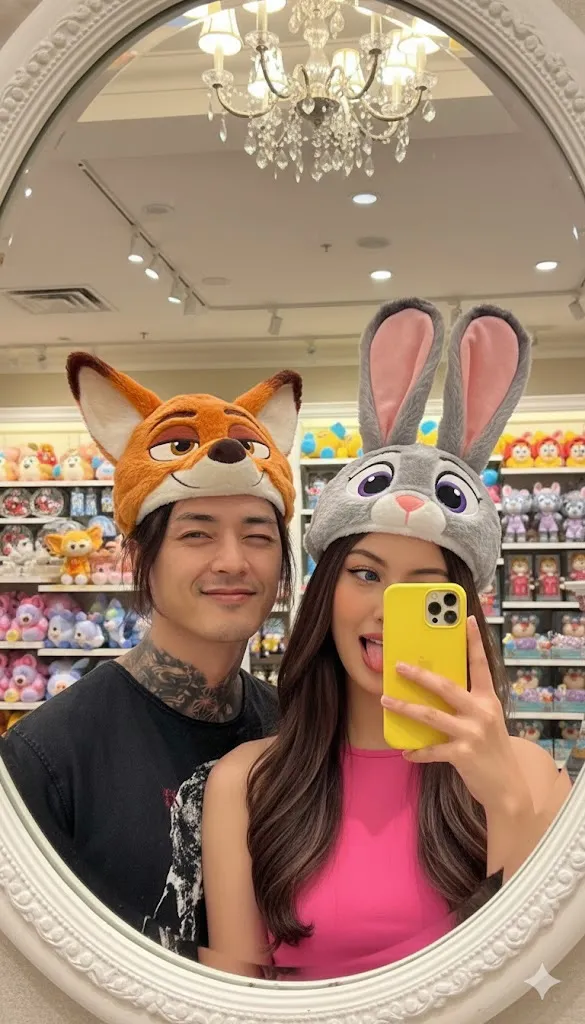 Мужчина и женщина фотографируются в овальном зеркале магазина Disney в шапках Nick Wilde и Judy Hopps. · пример 4