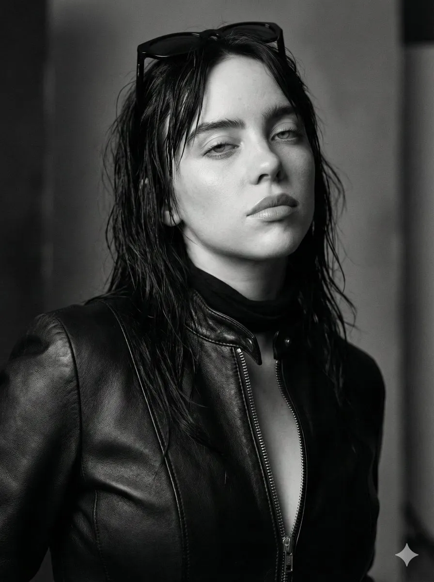 Пример JSON-промпта для монохромного портрета Billie Eilish. · пример 3