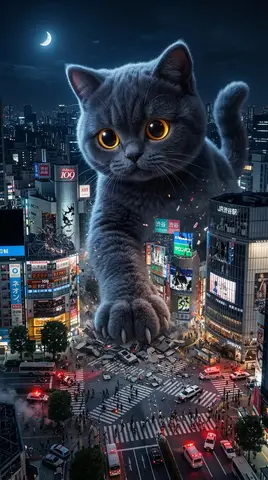 Пример промта для сцены, где огромный плюшевый кот разрушает перекрёсток Сибуя в ночном Токио.