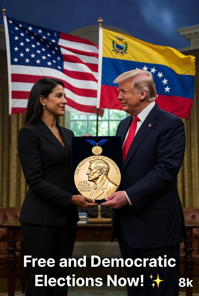 Мария Корина Мачадо вручает Дональду Трампу медаль в торжественном интерьере. · пример 3