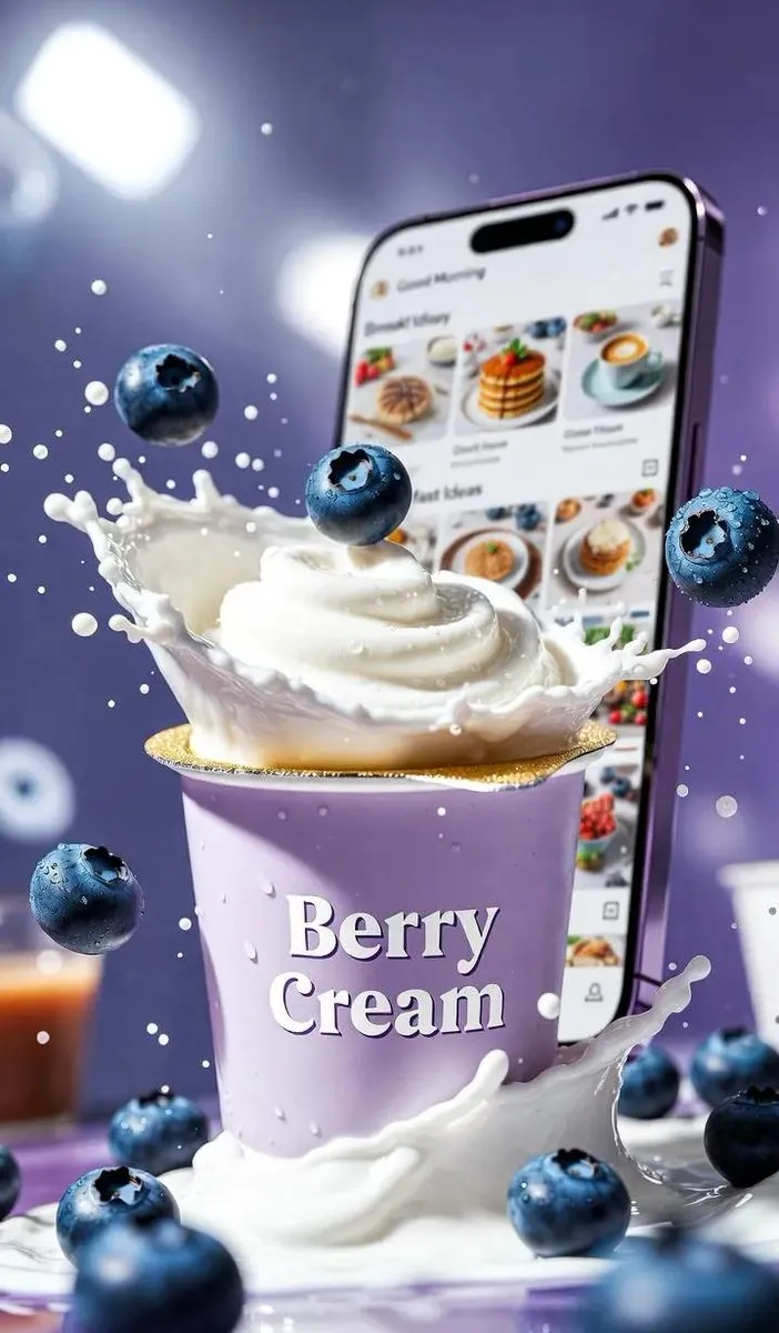 Упаковка йогурта Berry Cream окружена черникой, каплями молока и брызгами сливок. · пример 2