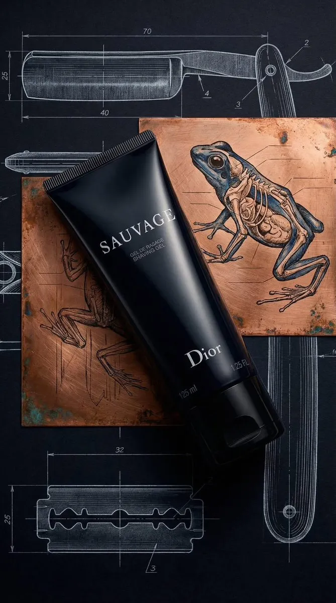 Промпт для фотографии геля для бритья Dior Sauvage на медном фоне. · пример 2