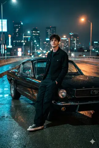 Промт для ночного кадра мужчины у чёрного Ford Mustang на мокрой эстакаде.